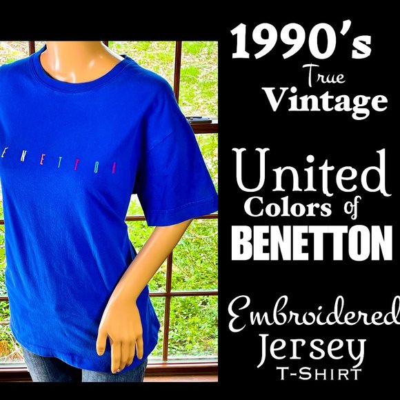 ▪️VTG▪️BENETTON▪️1990's Blue Multi-Color Embroidered Jersey T-Shirt